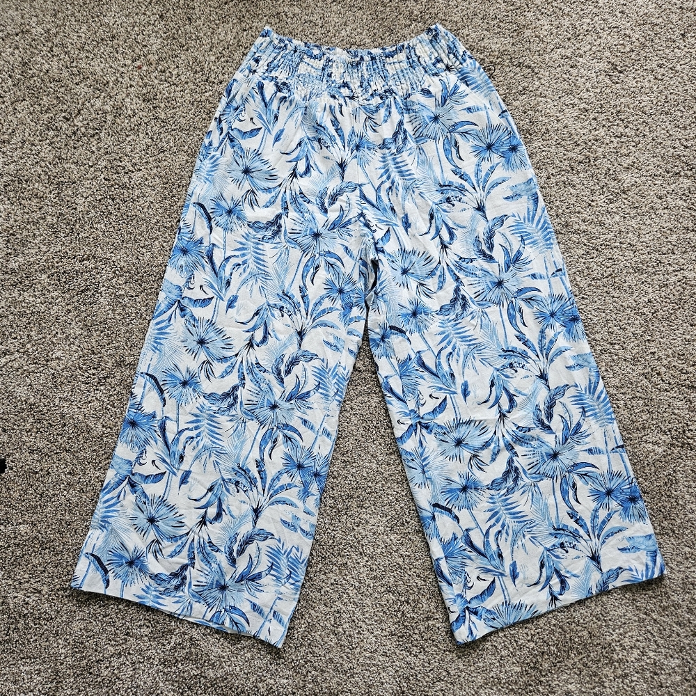 Tahari Womens Sz M Linen Blend Wide Leg Crop Floral Pants Resort Wear Tropical